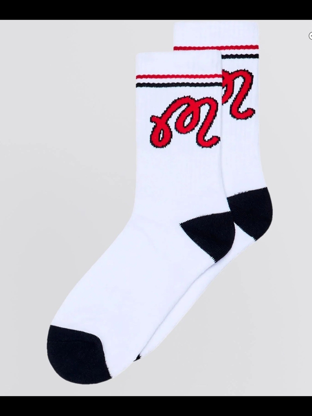 Malbon White Crew Athletic Socks with Red Script and Black Accents